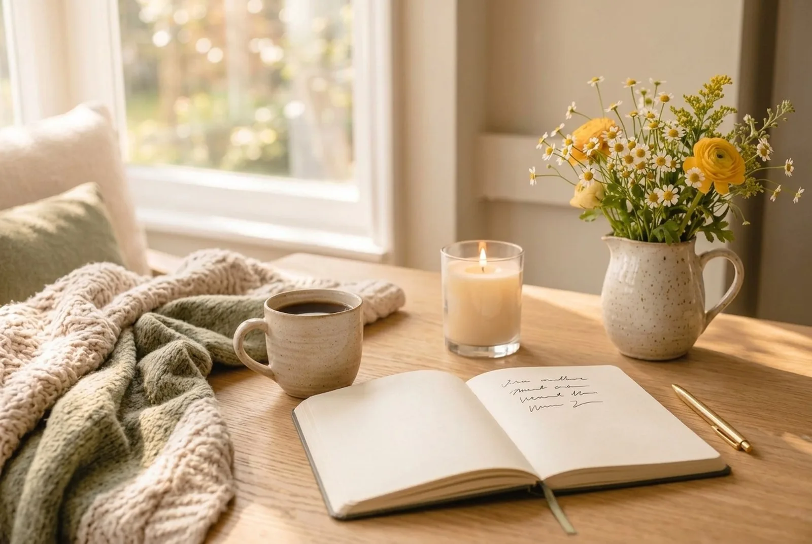 Aufgeschlagenes Notizbuch mit drei handgeschriebenen Zeilen, daneben ein Stift, eine halb volle Kaffeetasse und eine Kerze auf einem Holztisch im Morgenlicht