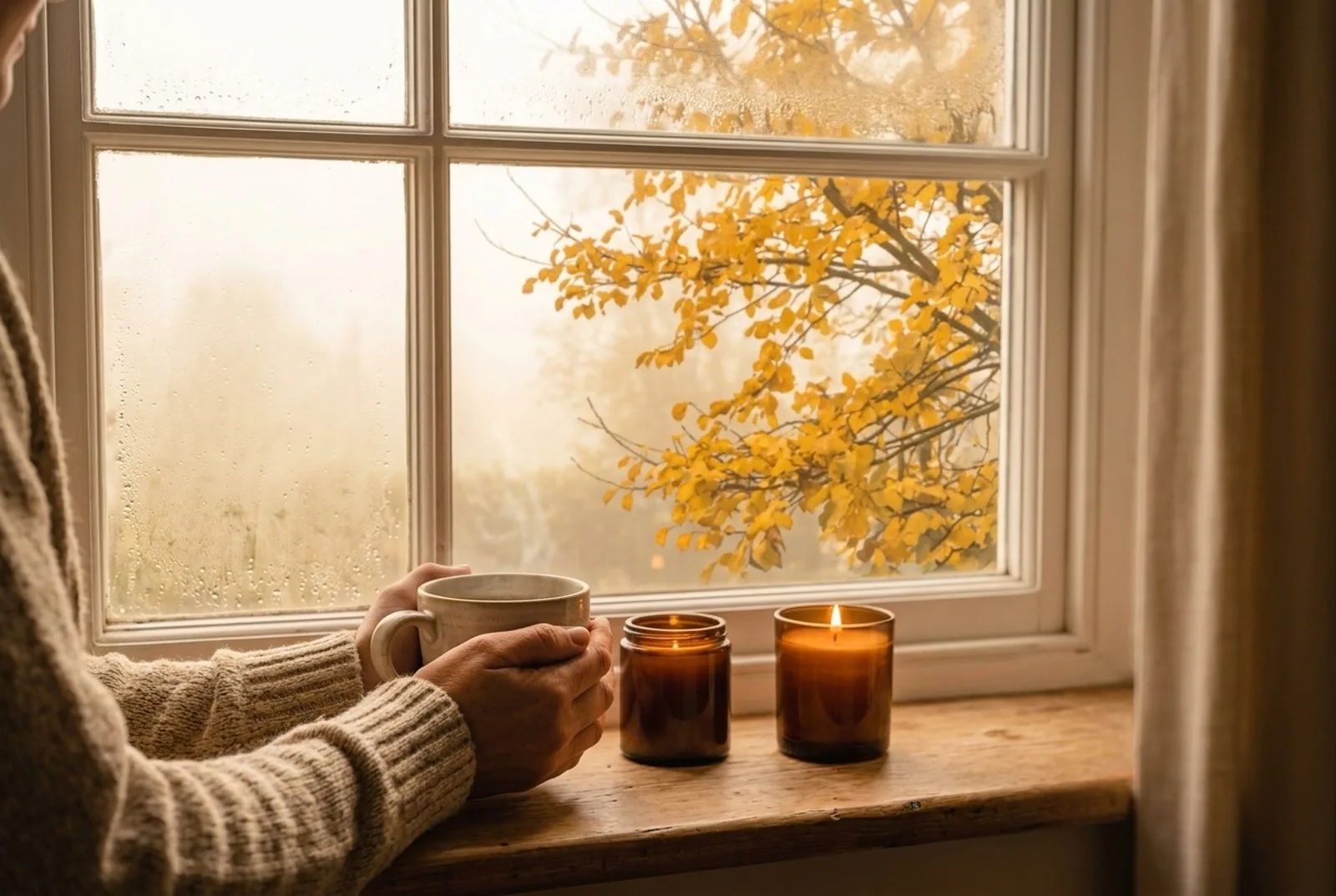 Hände halten eine Tasse Kaffee in heller Keramik am Küchenfenster, draußen Herbstnebel und ein Baum mit gelbem Laub, auf der Fensterbank eine Kerze