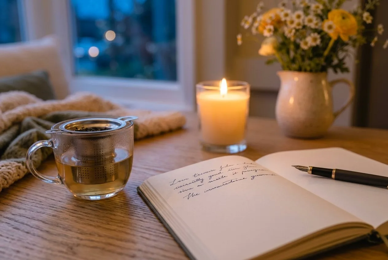 Nahaufnahme eines aufgeschlagenen Notizbuchs mit drei handschriftlichen Zeilen, daneben ein Füller, ein Teeglas mit Sieb und eine kleine Kerze auf einem Holztisch am Abend