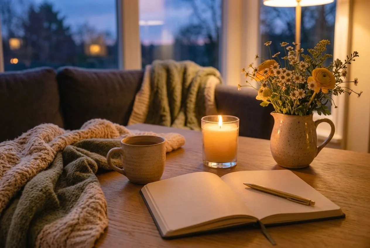 Sonntagabend am Couchtisch: aufgeschlagenes Notizbuch mit Stift, eine Tasse Tee, eine brennende Kerze und eine Wolldecke auf dem Sofa, draußen dämmert es