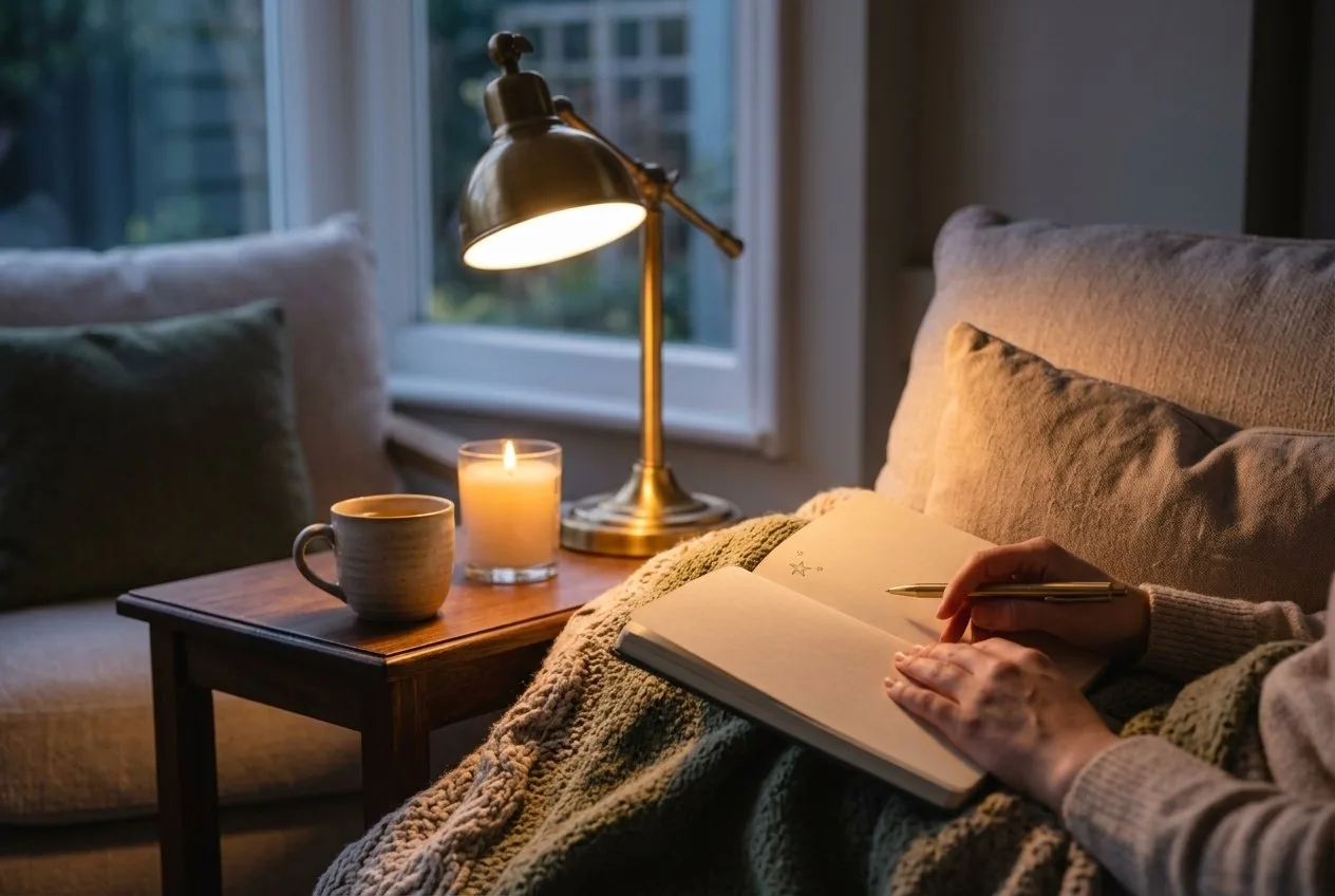 Gemütliche Sofaecke am Sonntagabend mit Wolldecke, Leselampe mit warmem Licht, einem Notizbuch auf dem Schoß, nur Hände sichtbar, eine Tasse Tee auf dem Beistelltisch