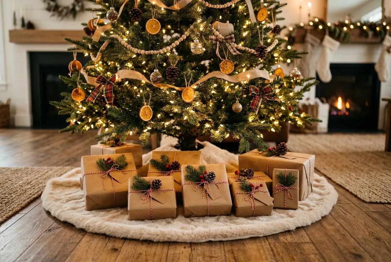 Unterer Teil eines geschmückten Weihnachtsbaums mit einem hellen Baumrock aus Fell, darauf Geschenke in Kraftpapier mit Bäckergarn und Tannenzweigen