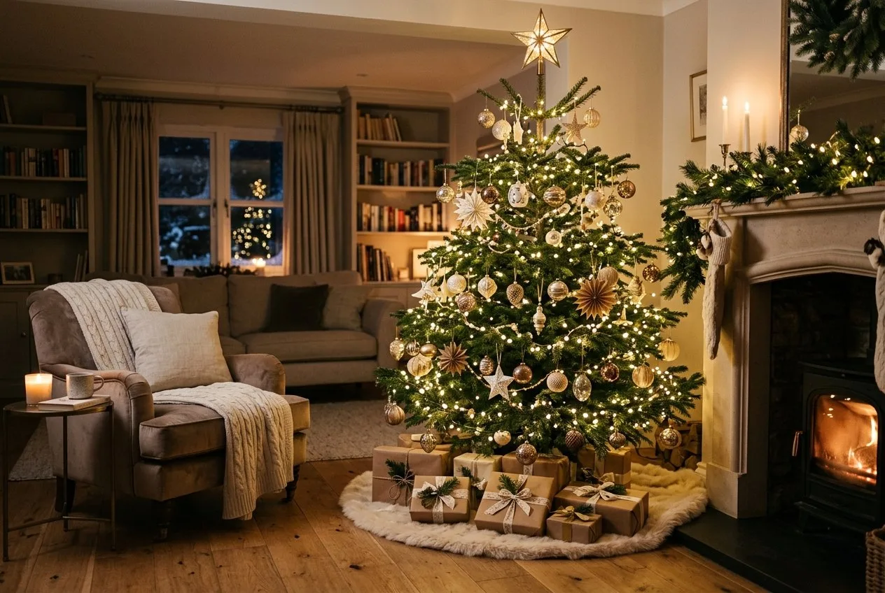 Geschmückter Weihnachtsbaum in einem gemütlichen Wohnzimmer am Abend: warmweiße Lichterkette, Glaskugeln in Gold und Creme, Papiersterne, ein Stern an der Spitze und ein Baumrock aus hellem Fell, darunter Geschenke in Kraftpapier