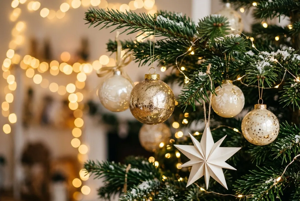 Nahaufnahme eines Tannenzweigs mit Glaskugeln in Gold und Creme, einem Papierstern und warmweißen Lichtern mit weichem Bokeh