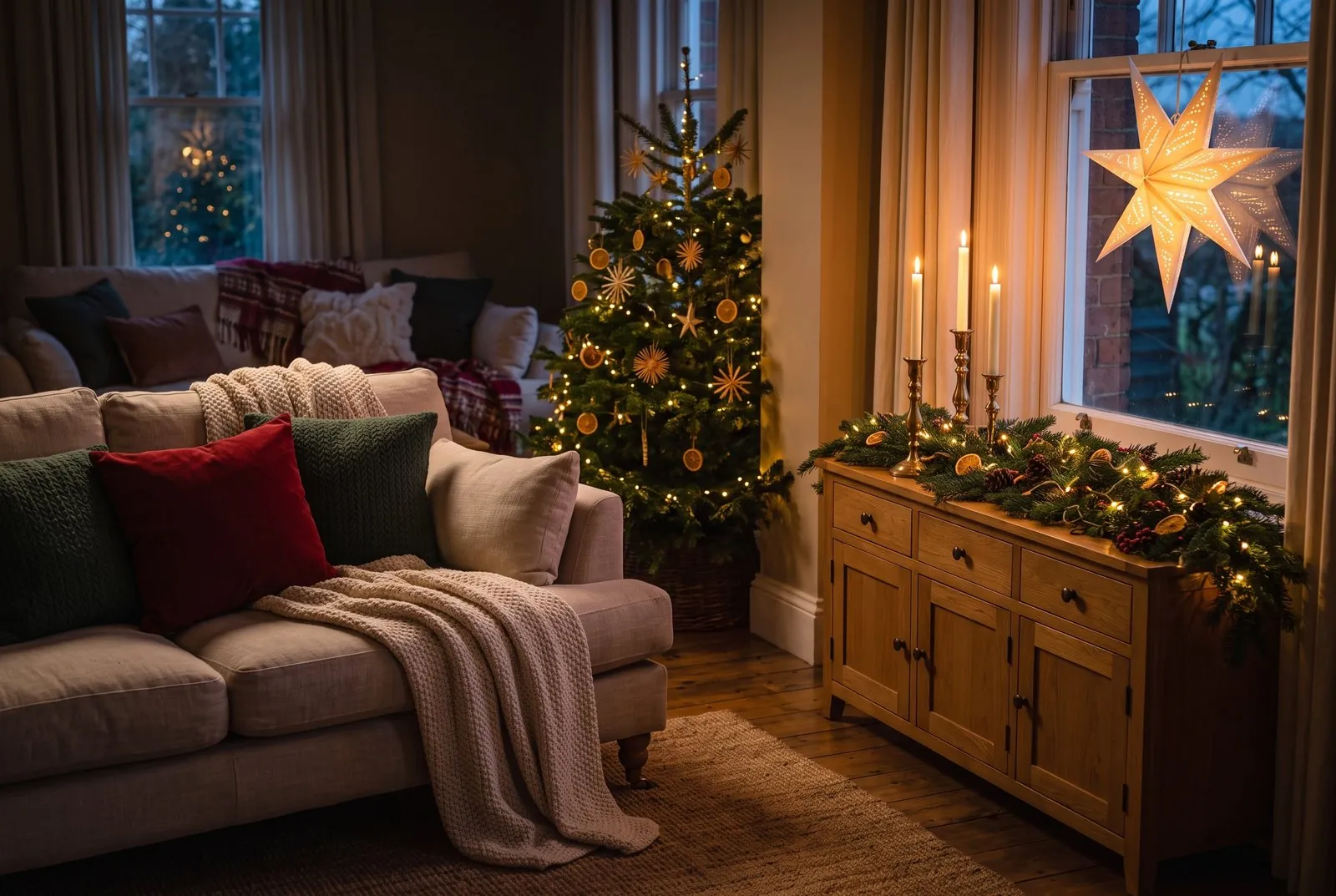 Helles Wohnzimmer im Advent mit Leinensofa, Kissen in Rot, Creme und Tannengrün, Strickdecke, Weihnachtsbaum mit Strohsternen, Papierstern im Fenster und Tannengirlande mit Kerzen auf dem Sideboard