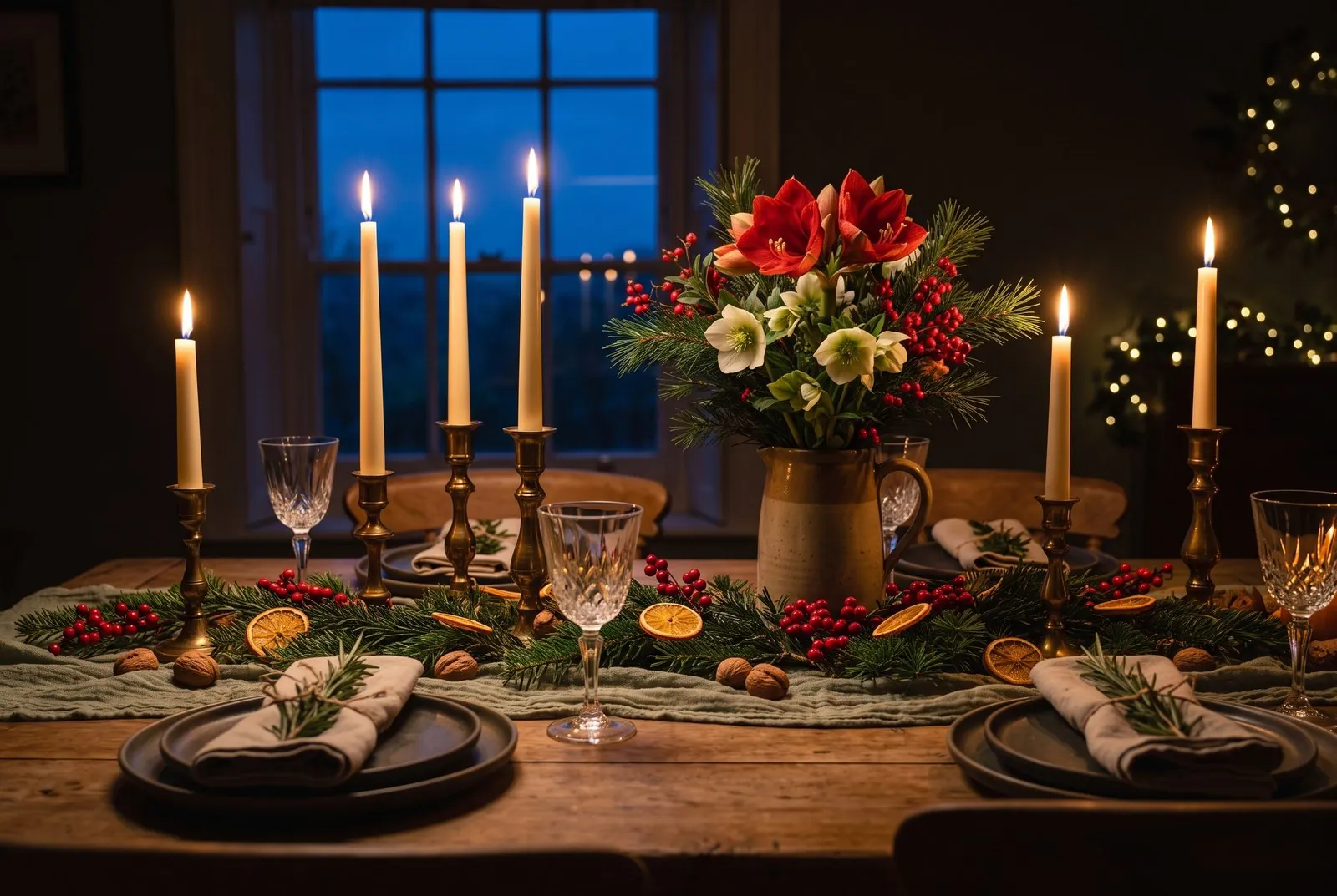Festlich gedeckter Esstisch am Fenster mit salbeigrünem Läufer, Tannenzweigen, roten Beeren, getrockneten Orangen, Walnüssen, Stabkerzen in Messingleuchtern, Leinenservietten mit Rosmarin und einem Krug mit roten und weißen Winterblumen