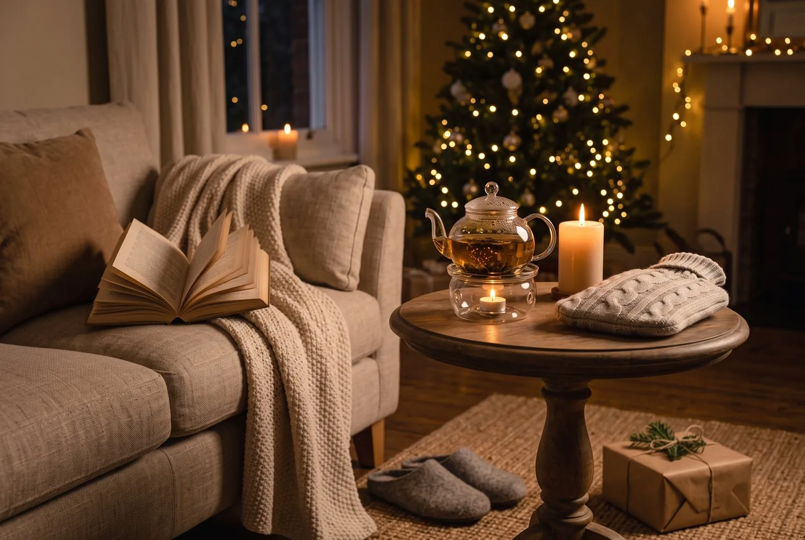 Sofa mit cremefarbener Strickdecke und aufgeschlagenem Buch, daneben ein Beistelltisch mit Glasteekanne auf dem Stövchen, Kerze und Wärmflasche, auf dem Teppich Filzhausschuhe und ein kleines Geschenk
