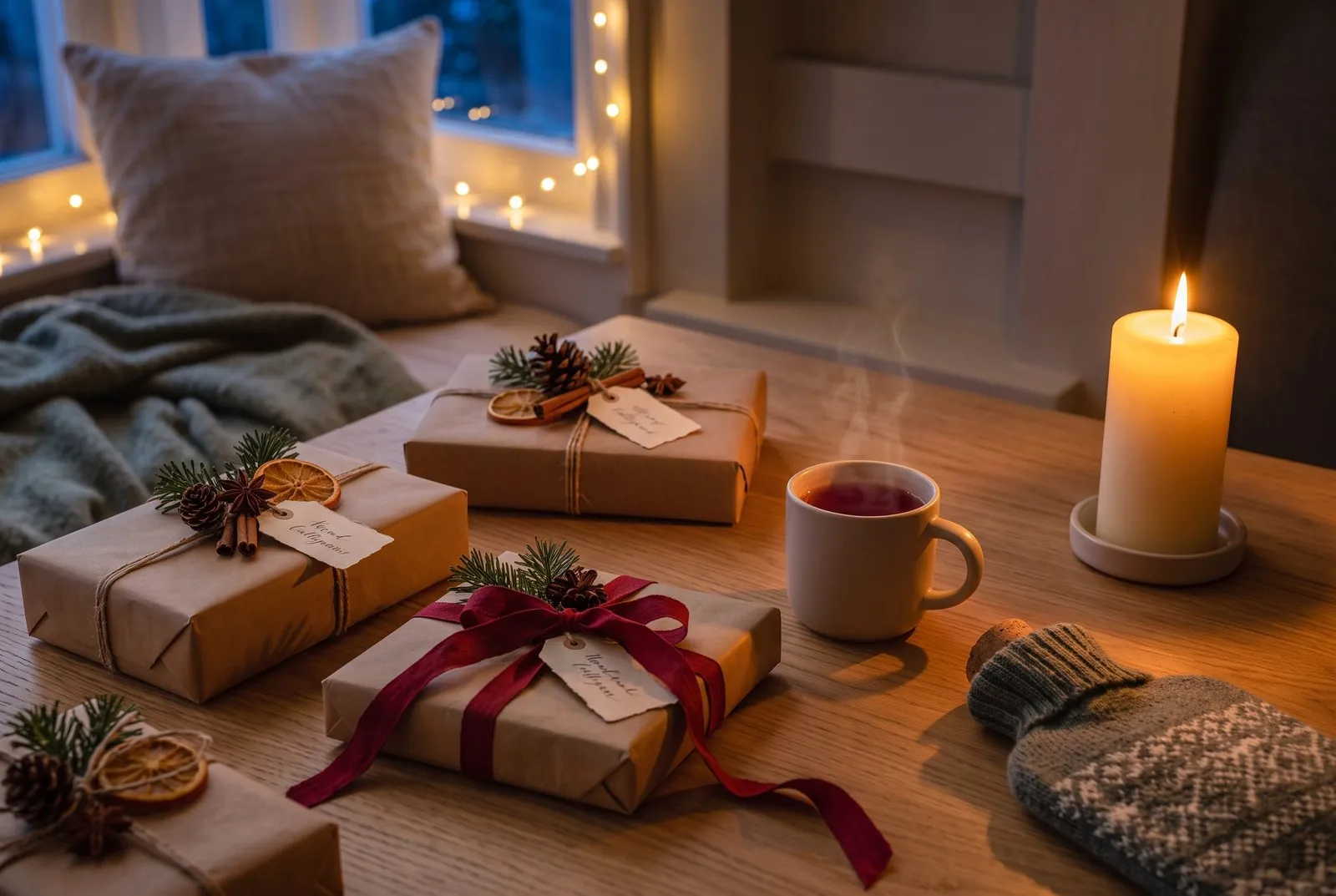 Weihnachtsgeschenke in Packpapier mit roten und cremefarbenen Bändern auf einem Eichentisch am Fenster, daneben Filzhausschuhe, eine Wärmflasche im Strickbezug, eine Kerze, eine Tasse, Garn und ein Krug mit Winterblumen