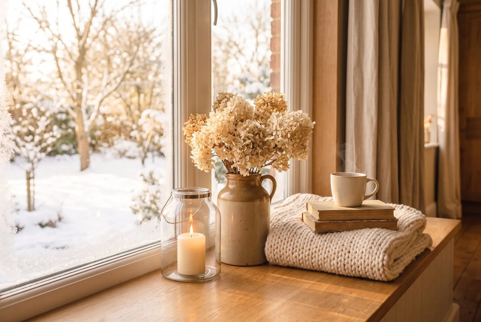 Tiefe Fensterbank mit Blick in den verschneiten Garten, Glaslaterne mit brennender Kerze, Steinkrug mit getrockneten Hortensien, gefaltete Strickdecke, Bücher und Tasse