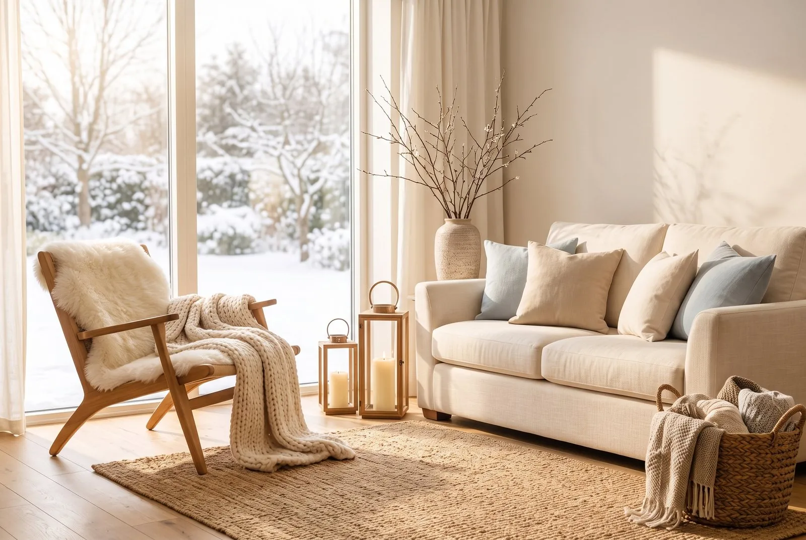 Helles Wohnzimmer im Winter mit Blick in den verschneiten Garten, Holzsessel mit Lammfell und Strickdecke, zwei Holzlaternen, Vase mit kahlen Zweigen, Sofa mit Kissen in Creme und Frostblau und ein Korb mit Decken