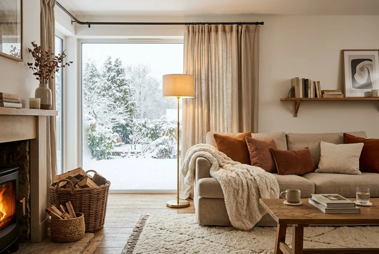 Winterliches Wohnzimmer am Nachmittag: großer heller Teppich, Sofa mit Flauschdecke und Kissen in Rost und Creme, bodenlange Vorhänge in Leinen, eine Stehlampe mit warmem Licht, ein Korb mit Kaminholz und draußen Schnee vor dem Fenster