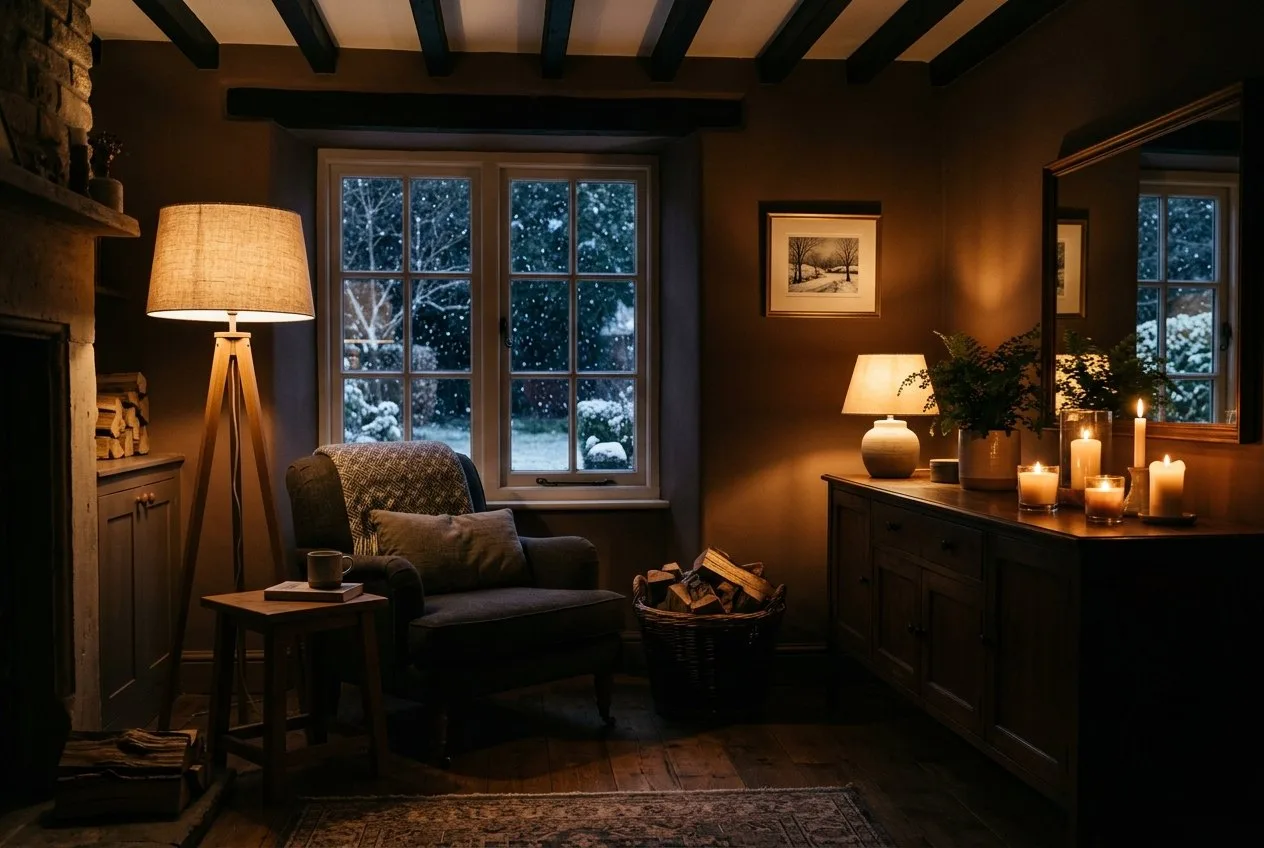 Wohnzimmerecke am Abend mit einer Stehlampe mit Leinenschirm, einer kleinen Tischlampe auf dem Sideboard und mehreren Kerzen, daneben ein Korb mit Kaminholz