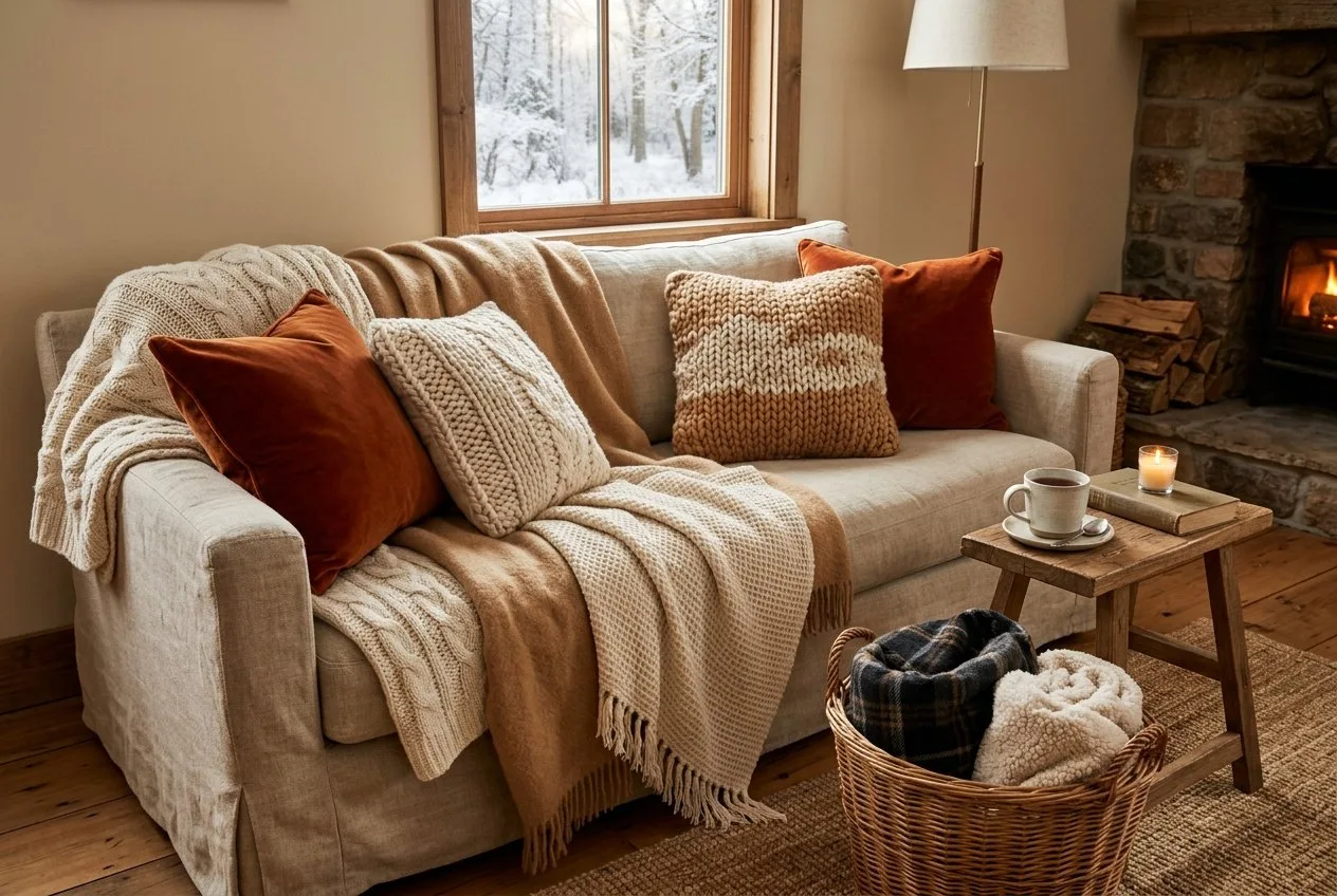 Sofa mit mehreren Decken in Creme und Karamell, Kissen in Rost, Samt und Strick, daneben ein Beistelltisch mit einer Tasse Tee und ein Korb mit weiteren Decken